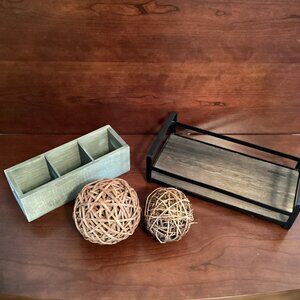 Home Decor Bundle - Wooden Balls (2), Small Gray Crate, Kenneth Cole Tray